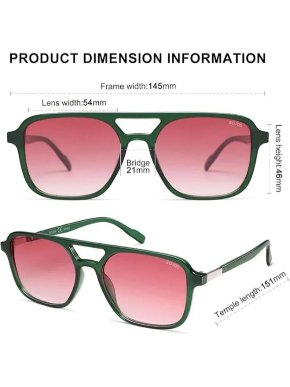 SOJOS Women Aviator Sunglasses Rectangle Sun Glasses Green Frame Pink Lens
